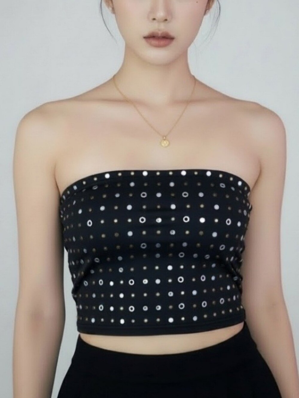 Black Strapless Tube Crop Top with Metallic Eyelet Detail